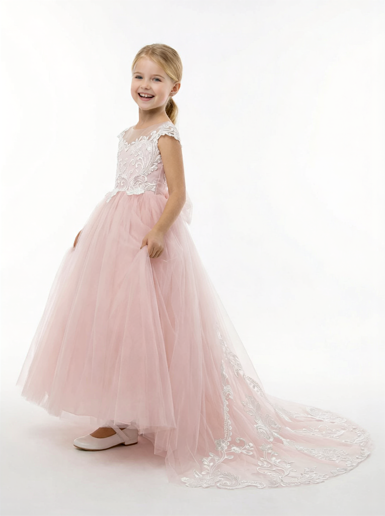 Princess Flower Girl Gown with Illusion Neck Sleeveless A Line Tulle Skirt Lace Train Dress