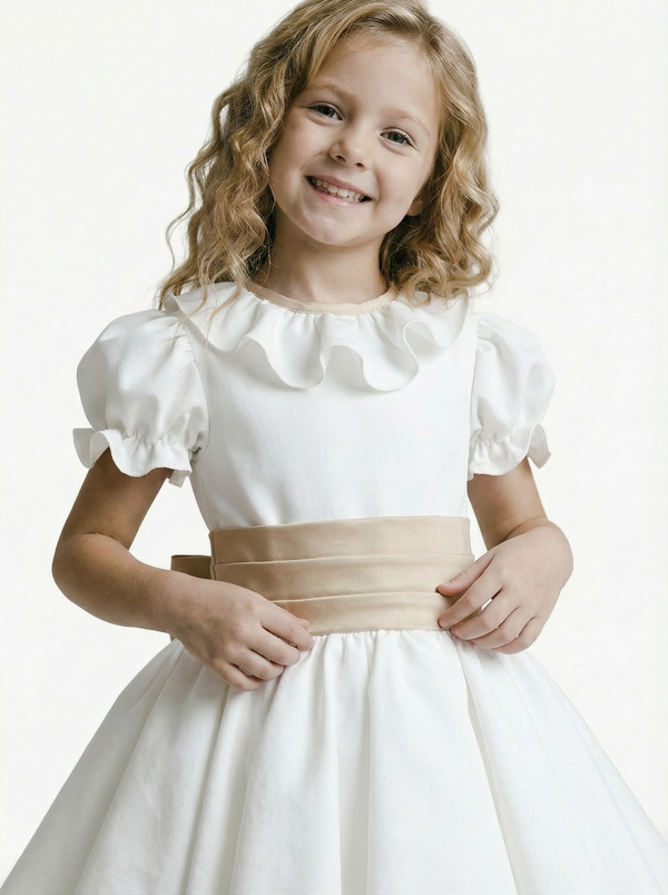 Short Sleeve Ruffle Neck Satin Skater Style Knee Length Junior Bridesmaid Dress