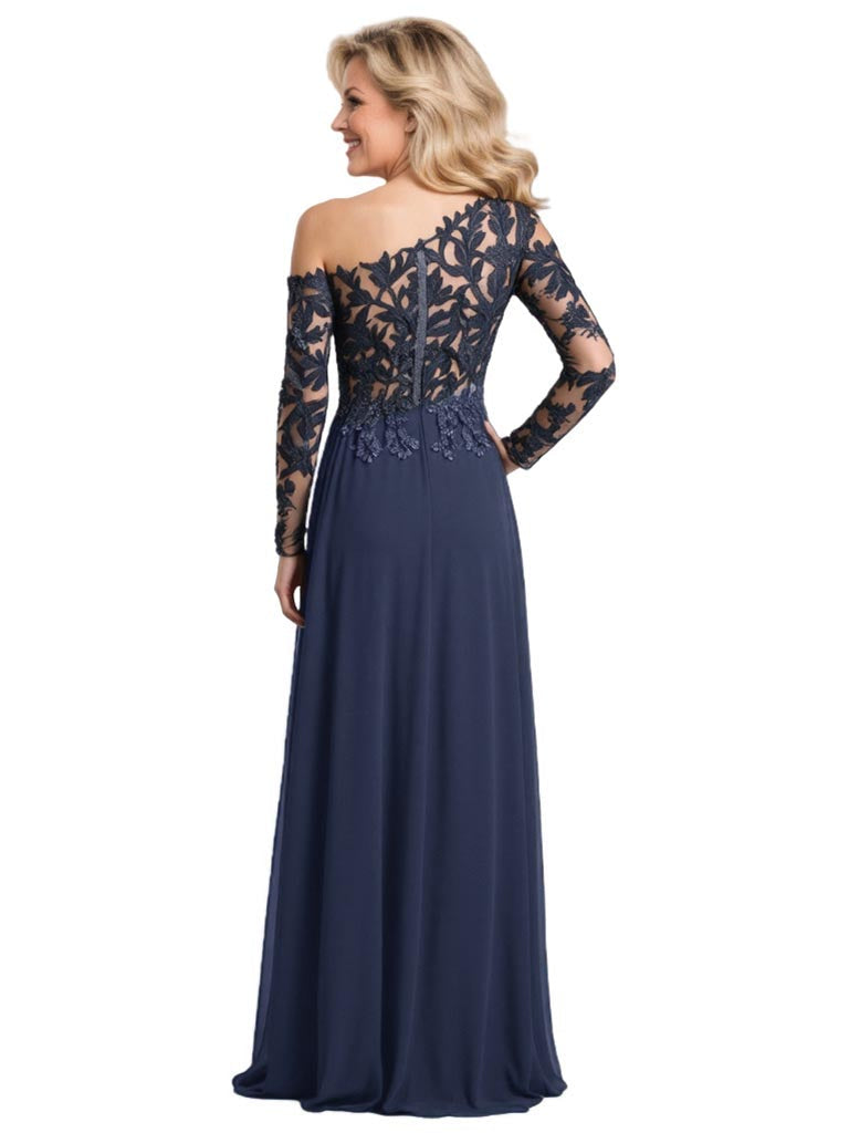 Modern Lace Long Sleeves Asymmetrical Chiffon Side Slit Mother Of The Bride Dresses