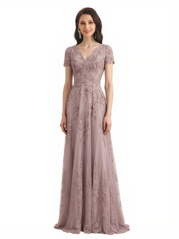 Women's Lace A-Line Short Sleeves Lace Long Mother of The Bride and Groom Dresses