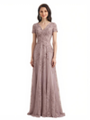 Women's Lace A-Line Short Sleeves Lace Long Mother of The Bride and Groom Dresses