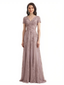 Women's Lace A-Line Short Sleeves Lace Long Mother of The Bride and Groom Dresses