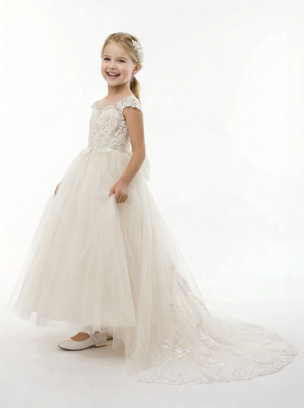 Illusion Neck Flower Girl Dress with Cap Sleeves A Line Tulle Skirt Cathedral Train Gown