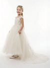 Illusion Neck Flower Girl Dress with Cap Sleeves A Line Tulle Skirt Cathedral Train Gown