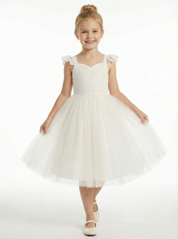 Lace Bodice Tulle Ball Gown Flower Girl Dress with Sweetheart Neckline and Flutter Sleeves