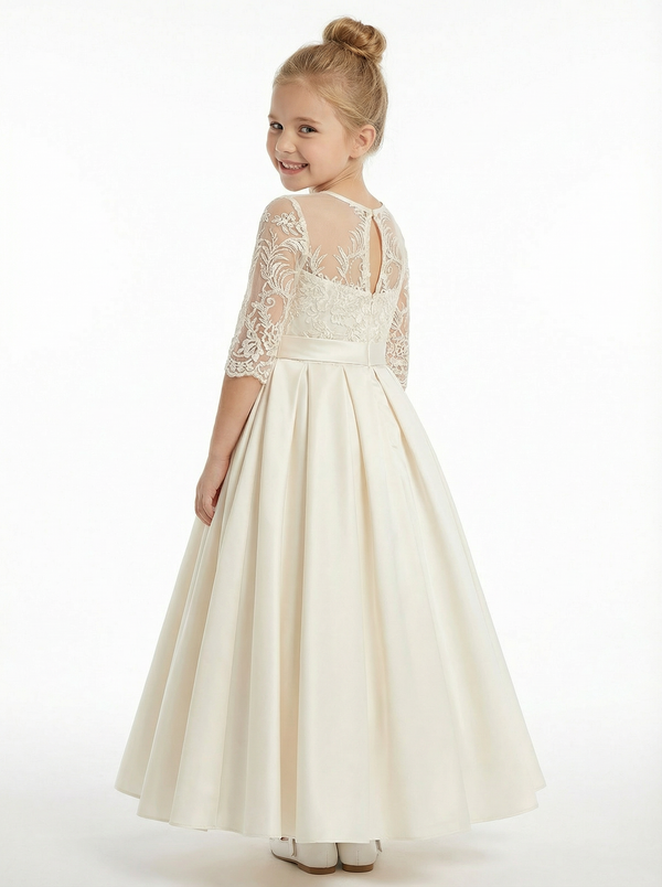 Long Sleeve Lace Flower Girl Dress, Satin Ball Gown Silhouette , Spaghetti-Straps Bodice