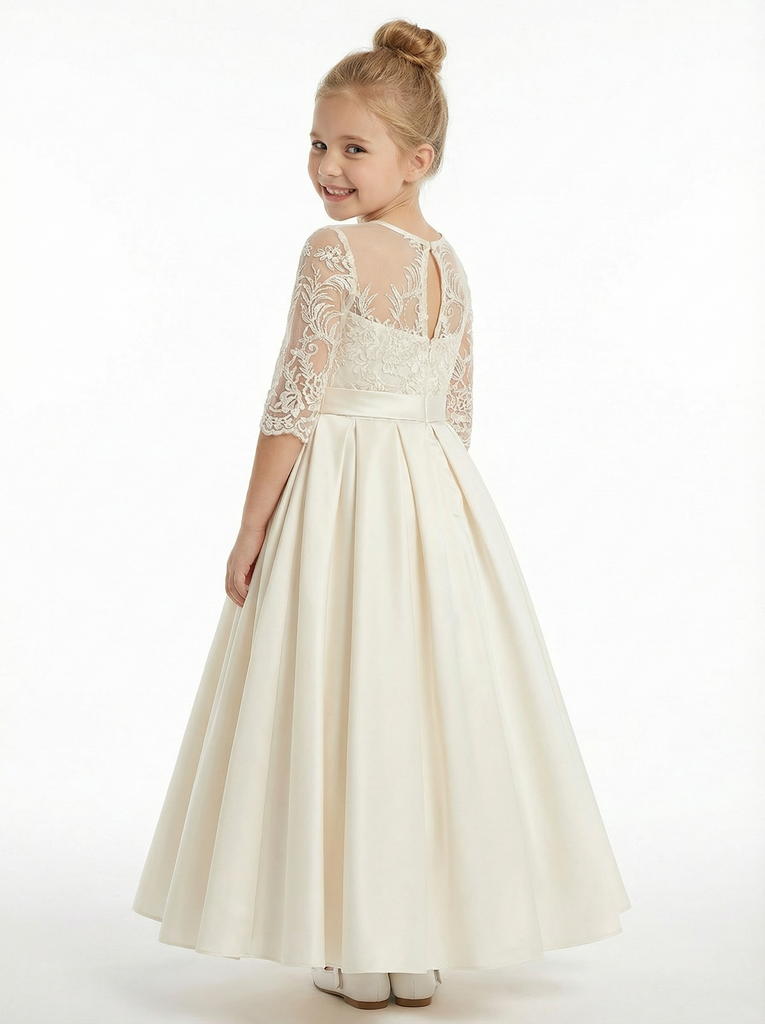 Long Sleeve Lace Flower Girl Dress, Satin Ball Gown Silhouette , Spaghetti-Straps Bodice