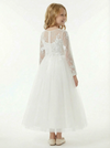 Long Sleeve Illusion Neck Lace Bodice Tulle Floor Length Flower Girl Dress for Wedding