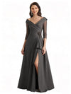 Elegant Chiffon A-Line V-Neck 3/4 Sleeves Floor Length Bridal Mother Of The Bride Dresses