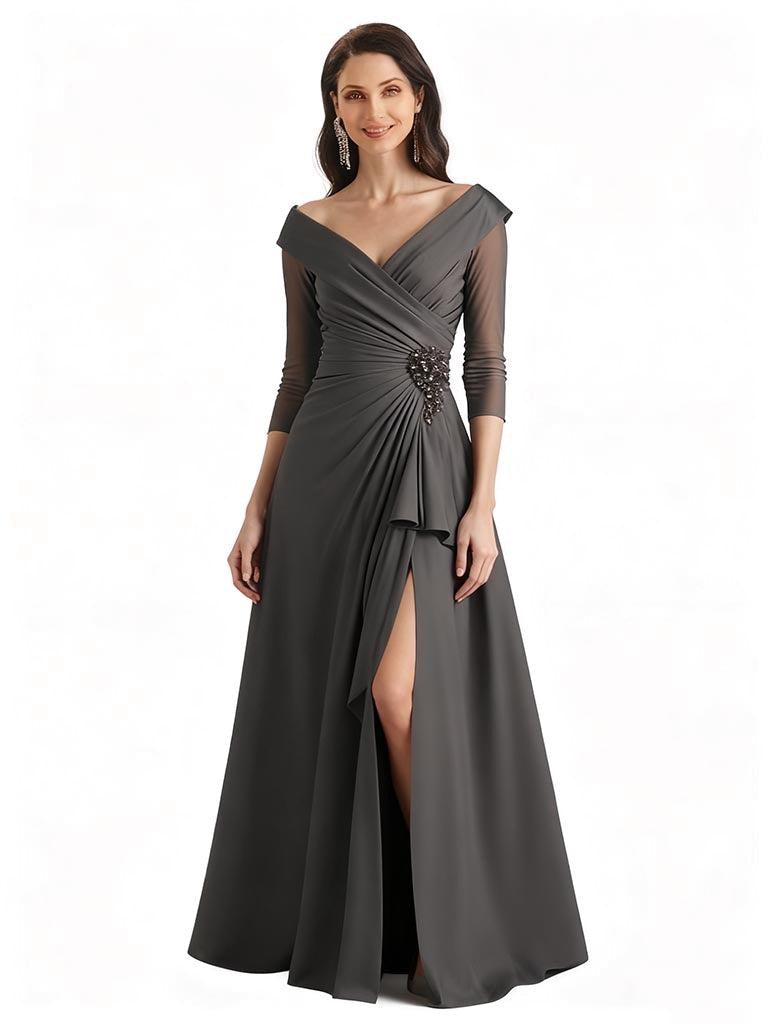 Elegant Chiffon A-Line V-Neck 3/4 Sleeves Floor Length Bridal Mother Of The Bride Dresses
