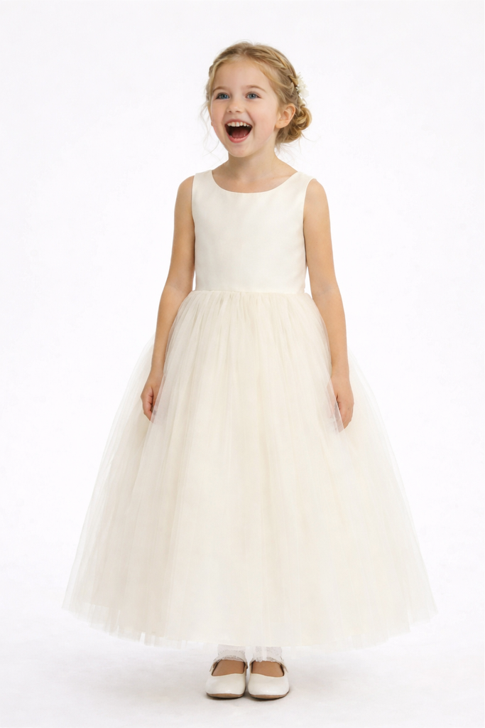 Simple Flower Girl Dress Sleeveless Scoop Neck A Line Tulle Skirt Minimalist Wedding Gown