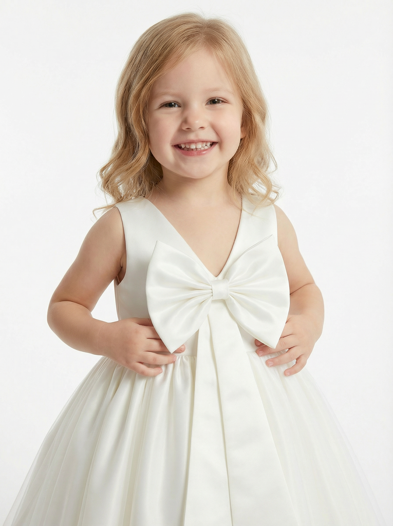 Illusion Lace Flower Girl Dress, Sleeveless Appliqu¨¦ Bodice, Soft Tulle Tea Length