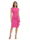 Mother of The Bride Dress Beautiful Jewel Cap Sleeve Crepe Sheath Midi Gown Ruffled Stylish Design