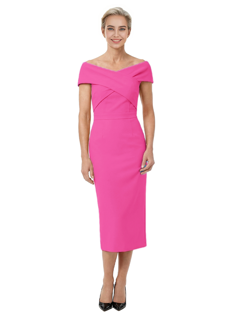 Mother of The Bride Dress Classy Off Shoulder Crepe Sheath Midi Gown Modern Wrap Detail