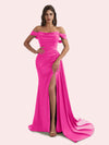 Elegant Mermaid Side Slit Off Shoulder Pleats Soft Satin Long Bridesmaid Dress for Wedding
