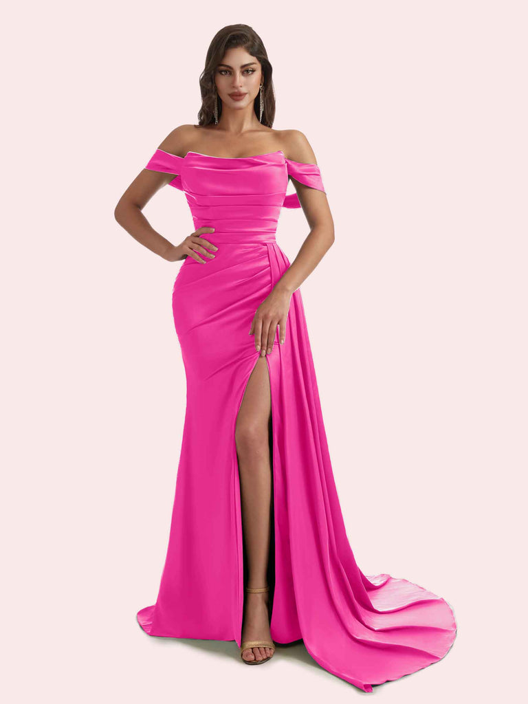 Elegant Mermaid Side Slit Off Shoulder Pleats Soft Satin Long Bridesmaid Dress for Wedding