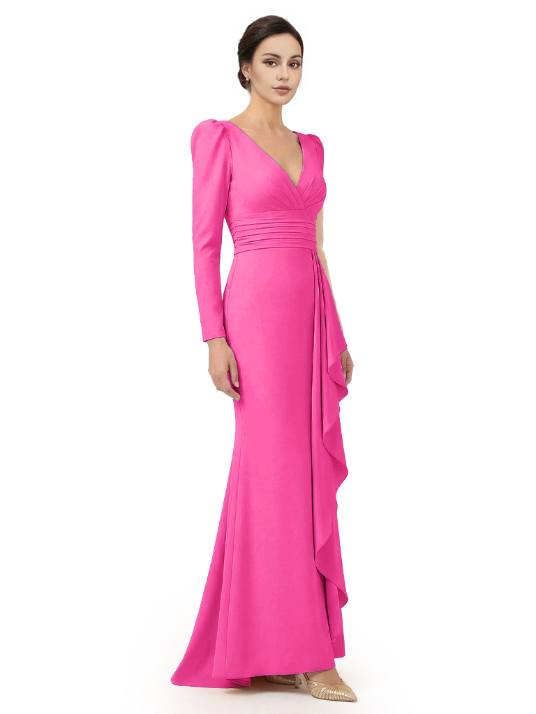 V-Neck Long Sleeves Ruffle Crepe Mother Of The Groom Dress Mermaid