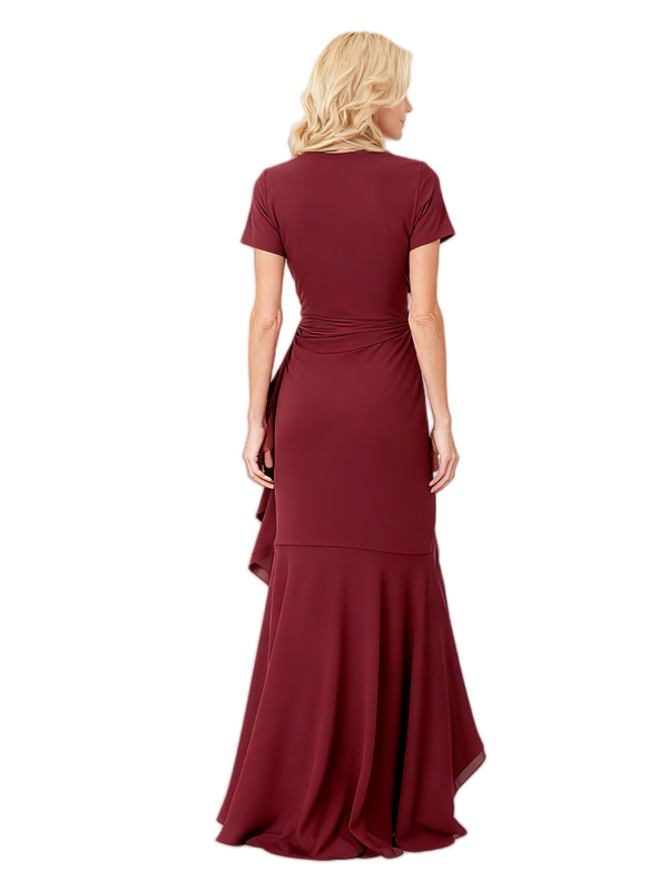 Elegant Short Sleeves Ruffle V-Neck Mermaid Chiffon High Low Mother Of The Bride Dresses
