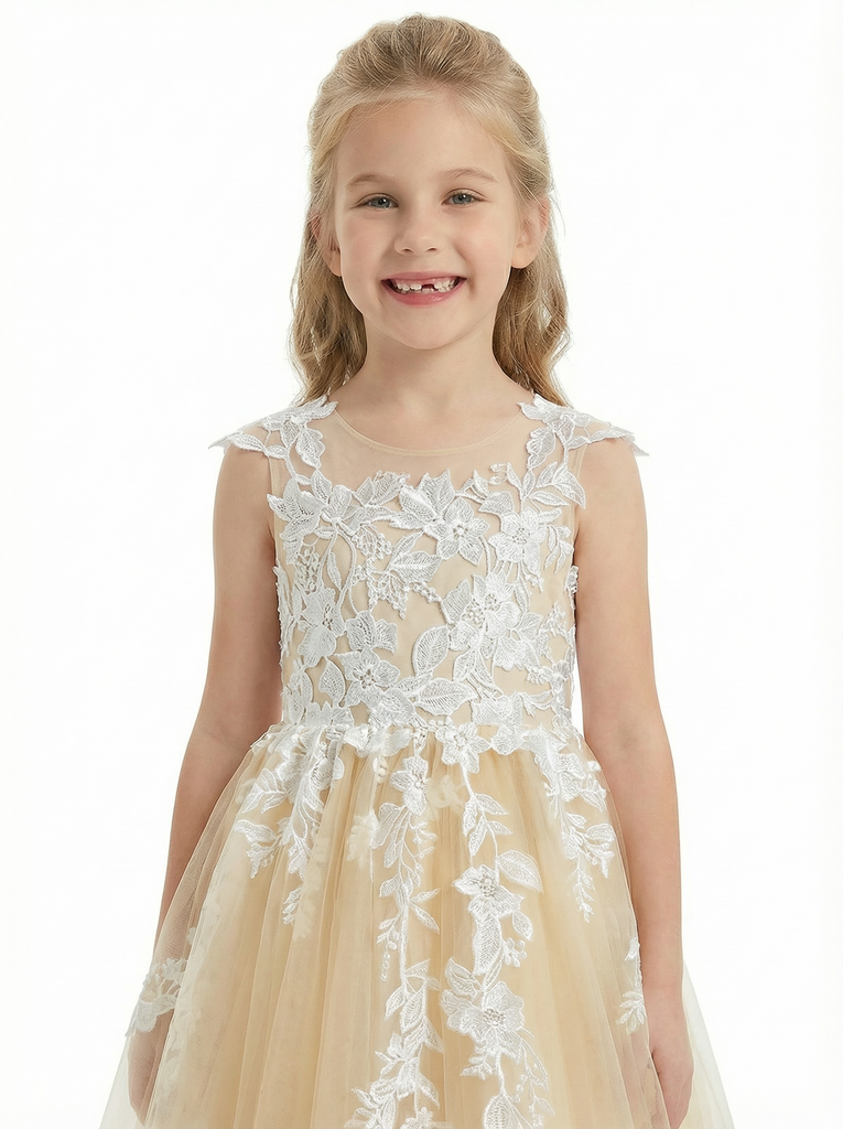 Lace Appliqu¨¦ Flower Girl Dress, Spaghetti-Straps Sleeveless A-Line, Elegant Tulle Skirt