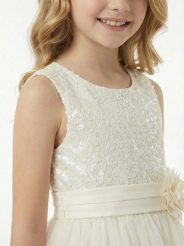 Sequin Bodice A Line Flower Girl Dress with Tulle Overlay Tea Length Party Skirt