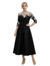 Unique Off Shoulder Tea-Length Satin Mother Of The Bride Dress With Lace Illusion