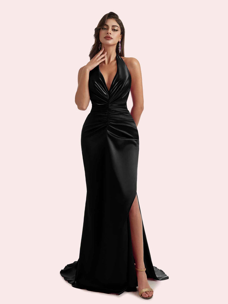 Gorgeous Mermaid Pleats Side Slit Halter Soft Satin Long Bridesmaid Dress For Wedding Gorgeous Mermaid Pleats Side Slit Halter Soft Satin Long Bridesmaid Dress For Wedding