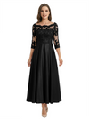 Mother of The Groom Dress Off Shoulder 3/4 Sleeve Lace Satin Midi Gown Classy Pleated