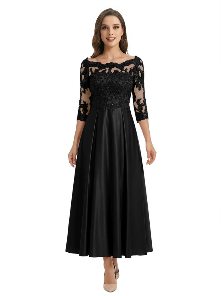 Mother of The Groom Dress Off Shoulder 3/4 Sleeve Lace Satin Midi Gown Classy Pleated