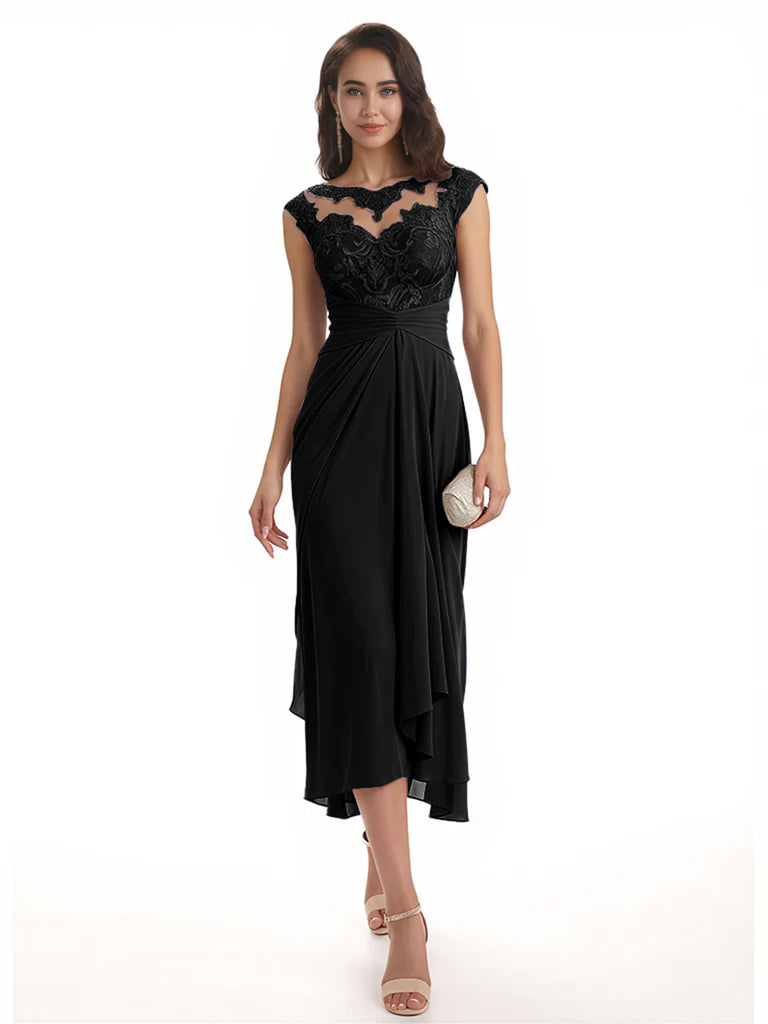 Elegant Bell Sleeves Chiffon A-line Midi Mother of The Bride Dresses