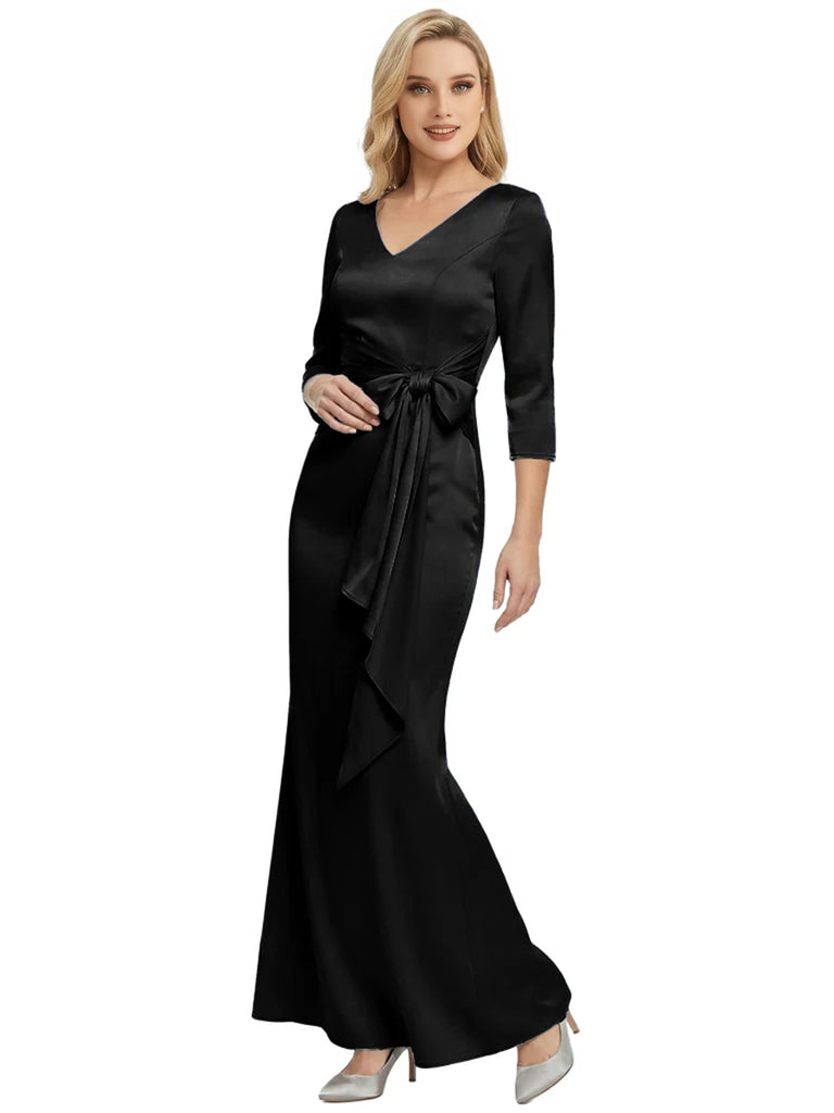 Mother of The Bride Dress Elegant V-Neck 3/4 Sleeve Satin Trumpet Maxi Gown