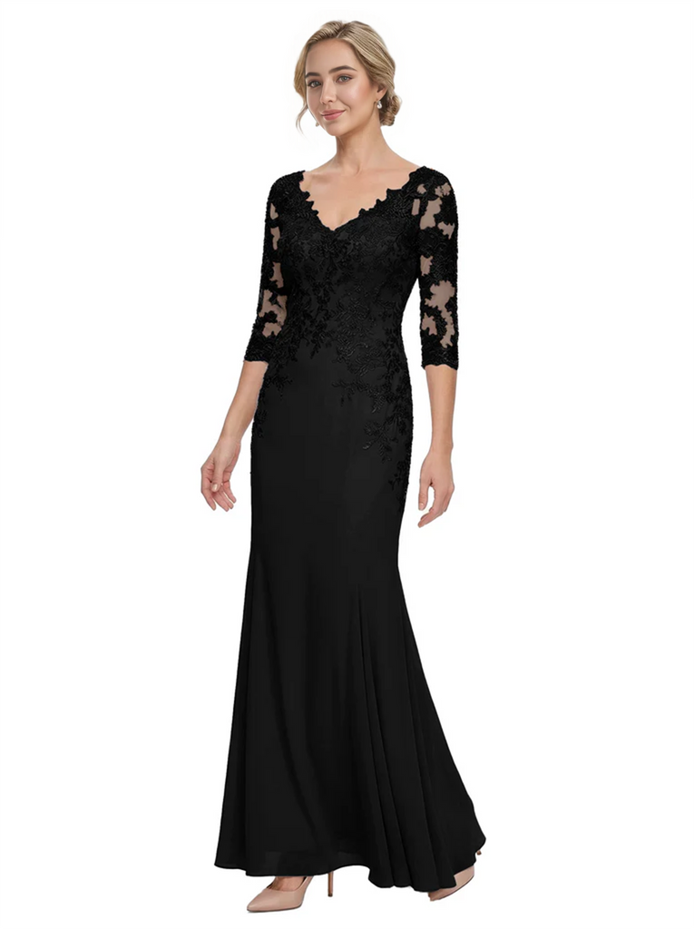 Mother of The Bride Gown V-Neck Half Sleeve Lace Chiffon Trumpet Maxi Dress Unique Sophisticated