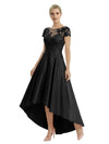 Elegant Mother of The Bride Dress Scoop Short Sleeve Lace Satin High-Low A-Line Gown