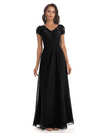 Elegant Short Sleeves Beaded Pleats A-line Floor-Length Mother of The Bride Dresses
