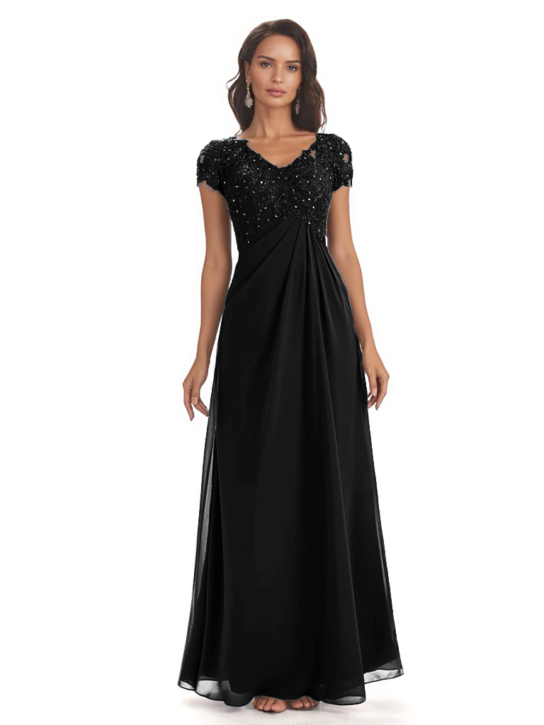 Elegant Short Sleeves Beaded Pleats A-line Floor-Length Mother of The Bride Dresses