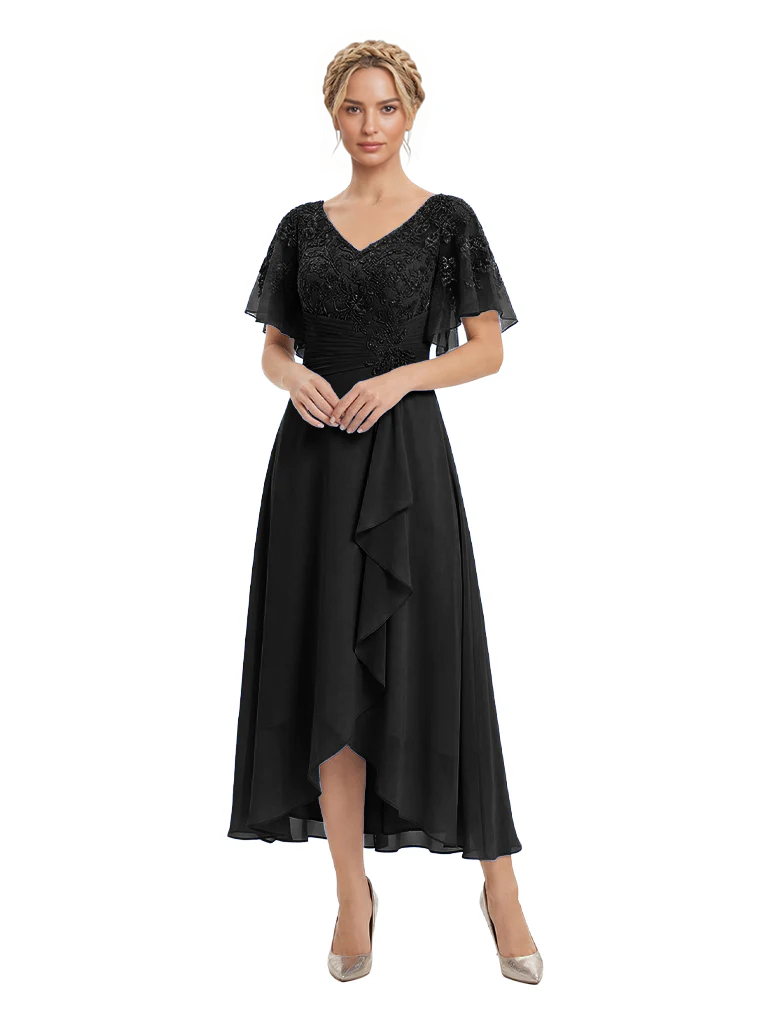 Unique Flutter Sleeves Lace Beaded Short Mother of the Groom Dresses