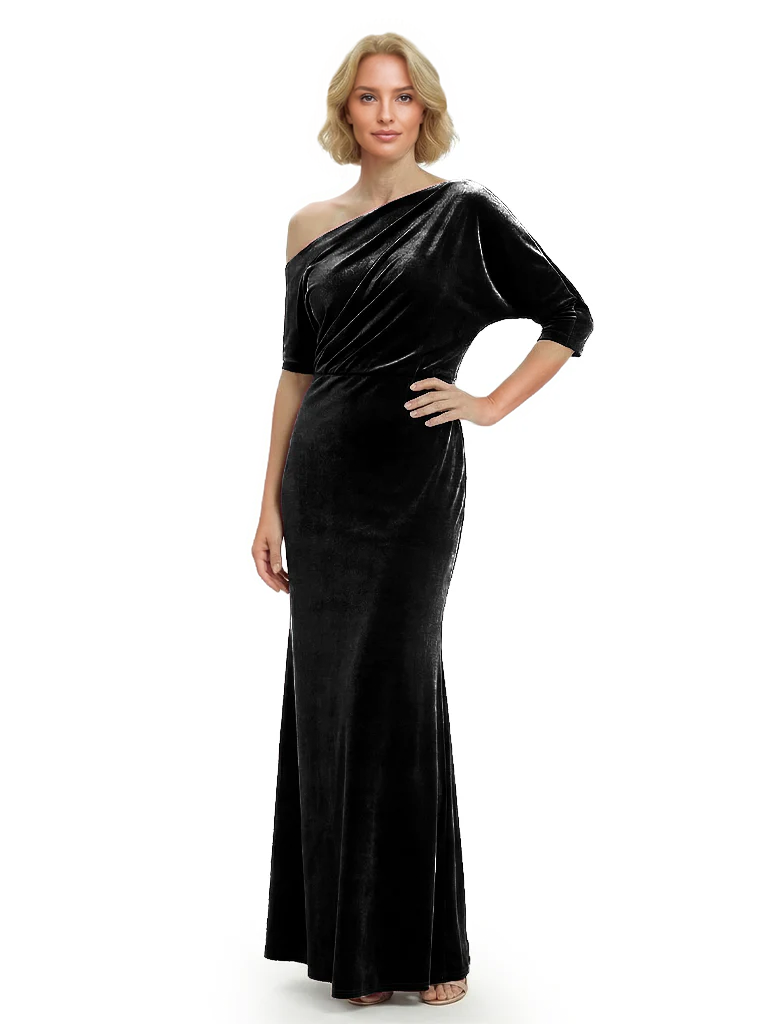 Sophisticated Asymmetrical Neckline Velvet Half Sleeves Maxi Mother Of The Groom Dress