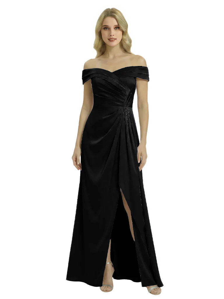 off the shoulder mother of the groom dress Off The Shoulder Mother Of The Groom Dresses Side Slit Satin Ruched A-Line  Gown