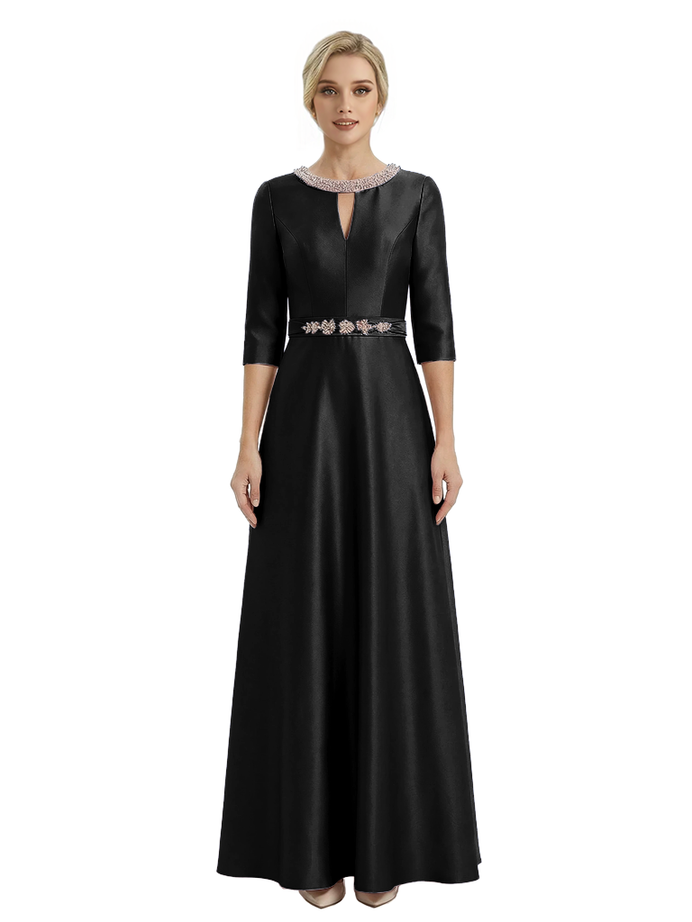 Sophisticated 3/4 Sleeves Beaded A-Line Satin Mother Of The Bride Dress
