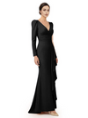 V-Neck Long Sleeves Ruffle Crepe Mother Of The Groom Dress Mermaid