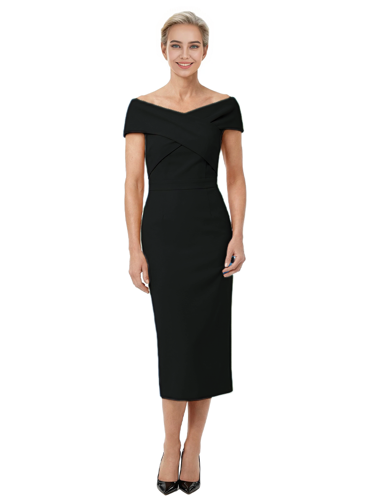 Mother of The Bride Dress Classy Off Shoulder Crepe Sheath Midi Gown Modern Wrap Detail