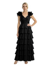 Mother of The Bride Dresses V-Neck Sleeveless Satin Tiered Maxi Gown Unique Flower Detailed Formal Wedding Event Attire