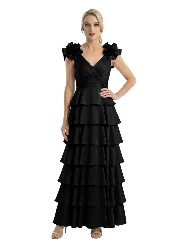 Mother of The Bride Dresses V-Neck Sleeveless Satin Tiered Maxi Gown Unique Flower Detailed Formal Wedding Event Attire