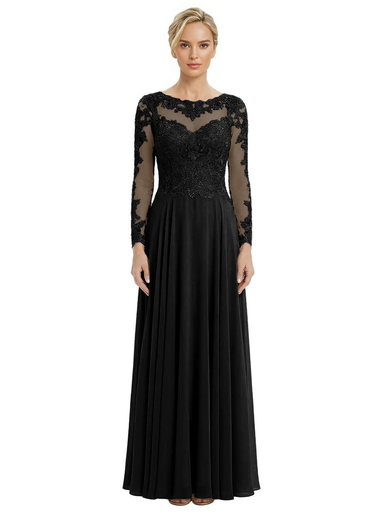 Mother of The Bride Dresses Scoop Long Sleeve Lace Chiffon Maxi Gown Pretty Embroidered Formal Wedding Event Attire