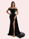 Elegant Mermaid Side Slit Off Shoulder Pleats Soft Satin Long Bridesmaid Dress for Wedding