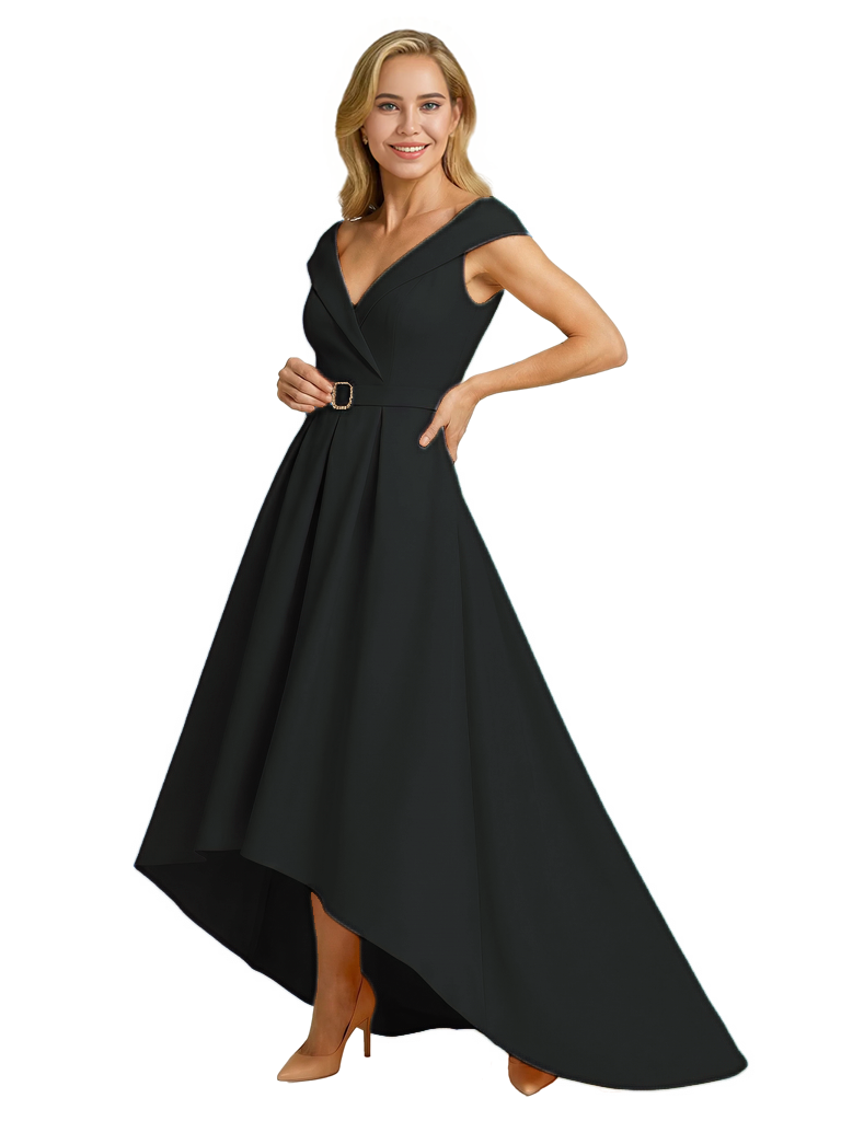 Mother of The Groom Dress Fancy Cap Sleeve Crepe High-Low A-Line Gown Elegant Belt Accent