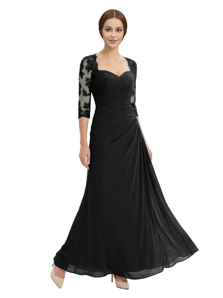 Sweetheart Ruched Lace 3/4 Sleeves A-Line Chiffon Mother Of The Groom Dress