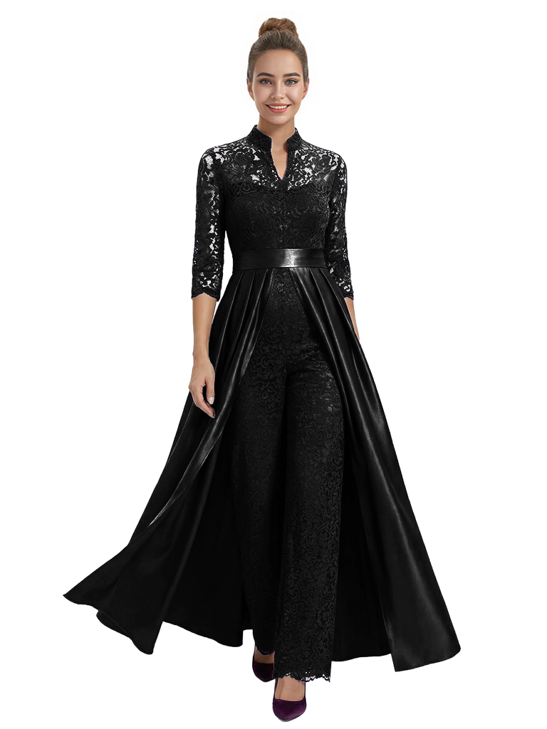 Mother of The Groom Outfit V-Neck 3/4 Sleeve Lace Pantsuit Satin Overskirt