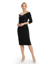 Mother of The Groom Dresses Off The Shoulder 3/4 Sleeve Satin Sheath Midi Dress Pretty Lace Detailed Formal Bridal Party Attire