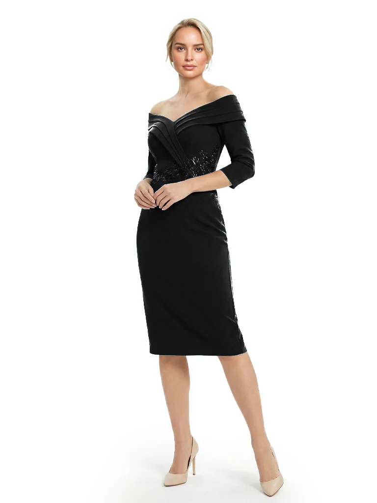 Mother of The Groom Dresses Off The Shoulder 3/4 Sleeve Satin Sheath Midi Dress Pretty Lace Detailed Formal Bridal Party Attire