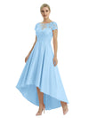 Elegant Mother of The Bride Dress Scoop Short Sleeve Lace Satin High-Low A-Line Gown